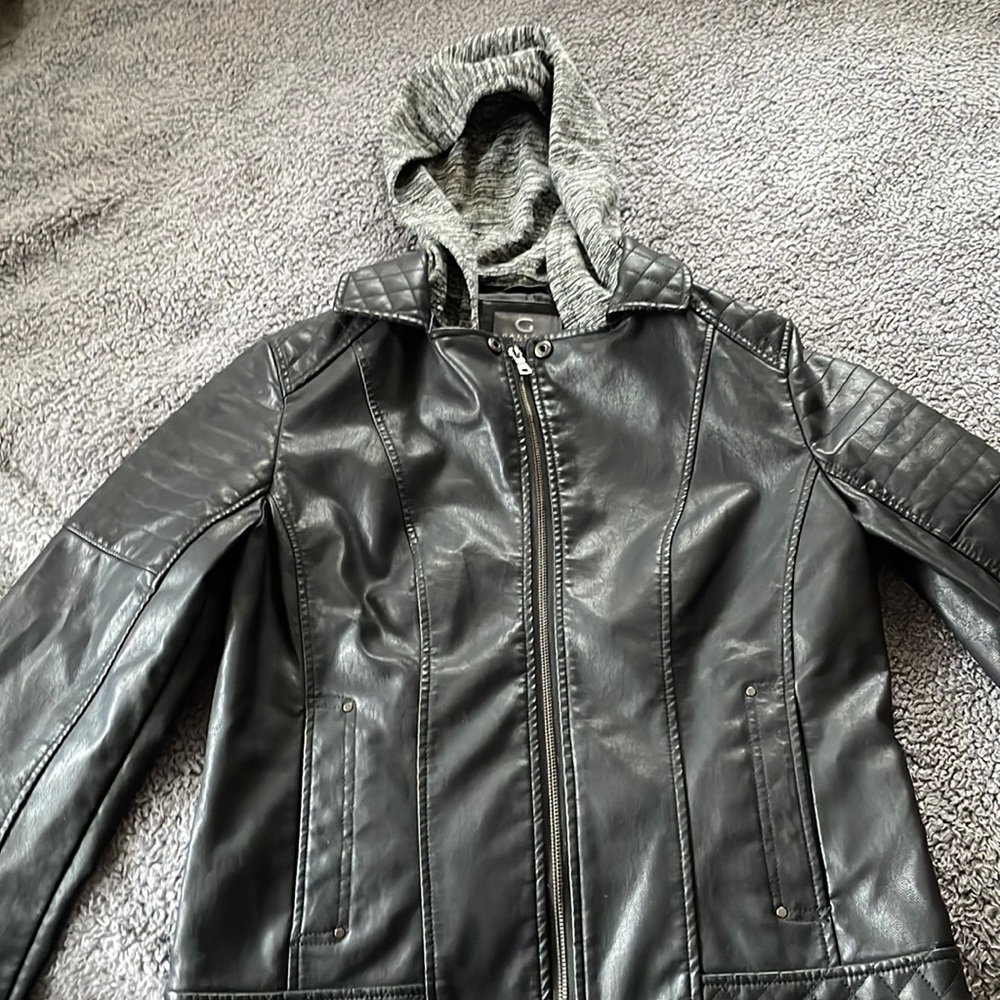 Black leather jacket, with grey hood size medium